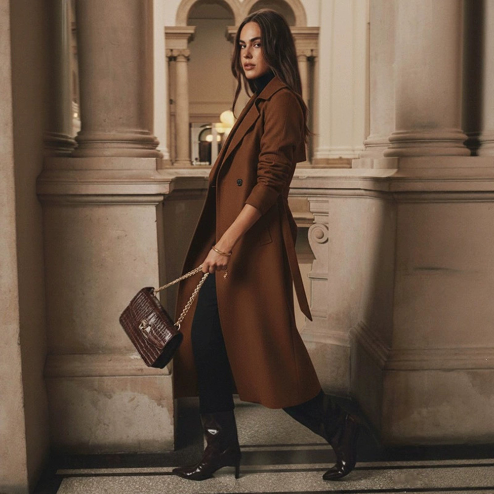 Elegant Russian Long Wool Belted Coat Autumn Winter